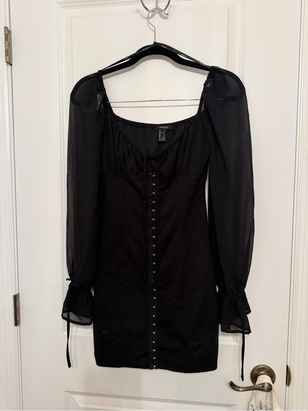 Black Sheer-Sleeve Hook-and-Eye Mini Dress